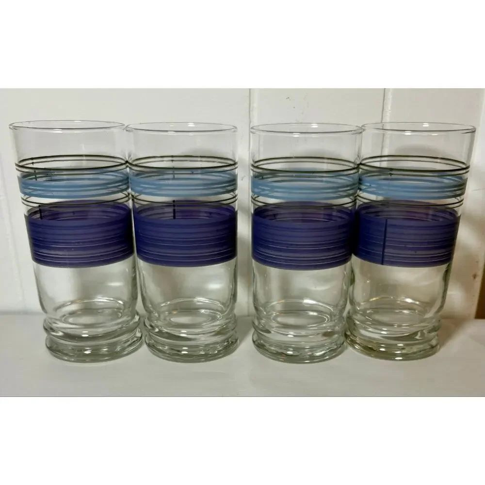 Vintage - Libbey Pfaltzgraff- Blue/Purple Banded Tumbler Glasses - Set of 4